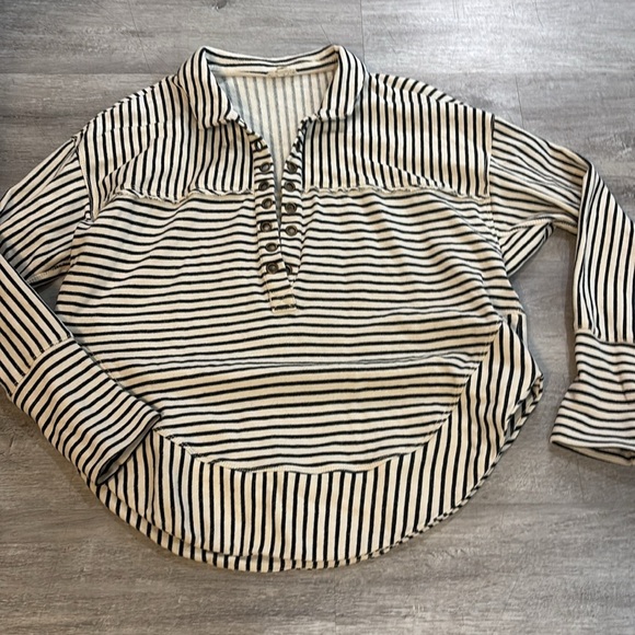 Anthropologie Pilcro striped cotton sweatshirt oversized grommets black-cream S - Picture 3 of 8